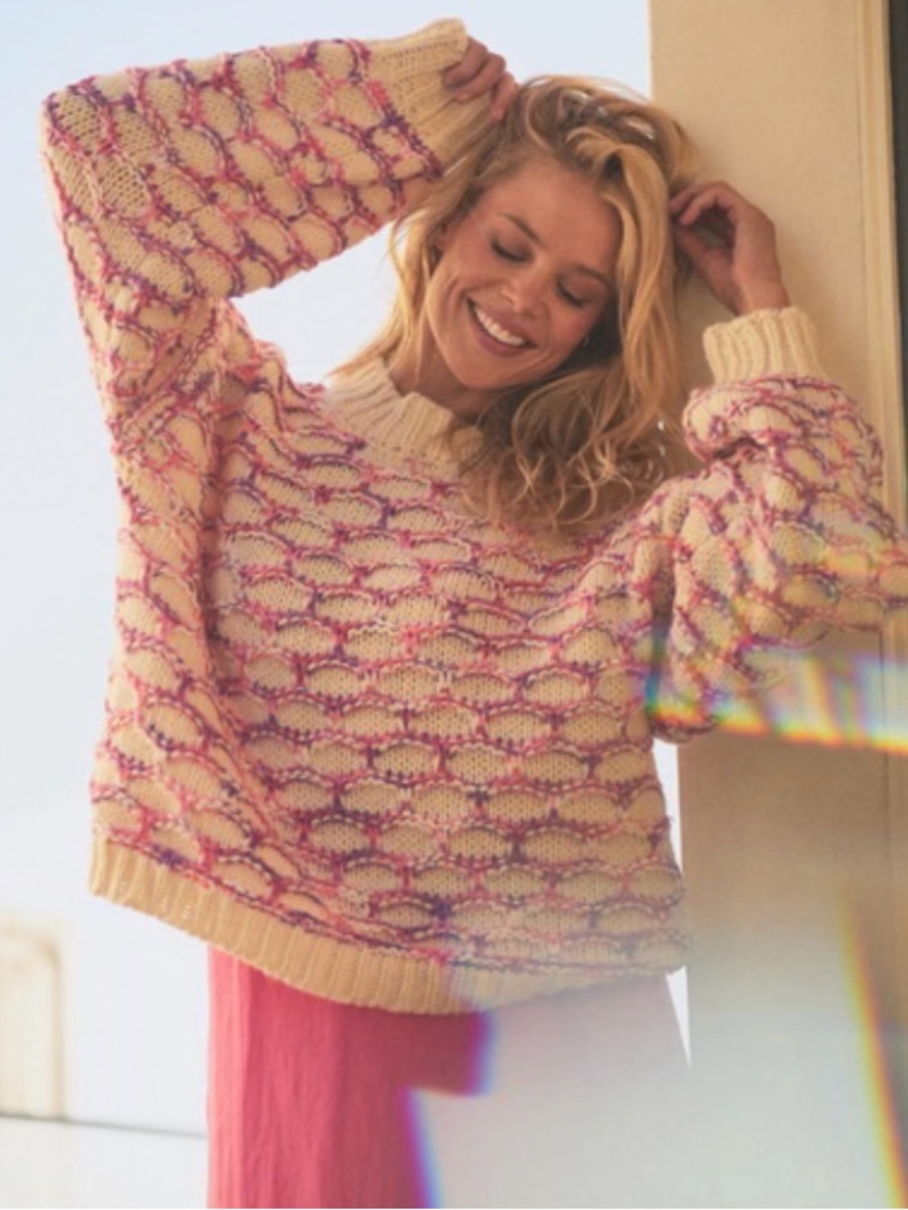 BTB Los Angeles Lola Honeycomb Cozy Cream Multicolor Knit Sweater - NWT - Size L
